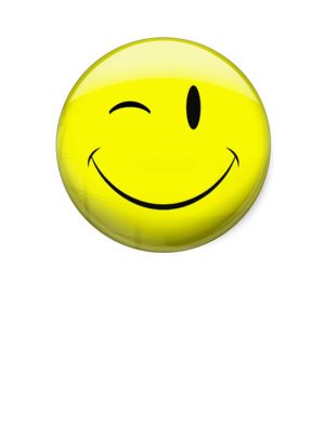 A yellow badge featuring a smiling face with closed eyes and a simple line mouth.